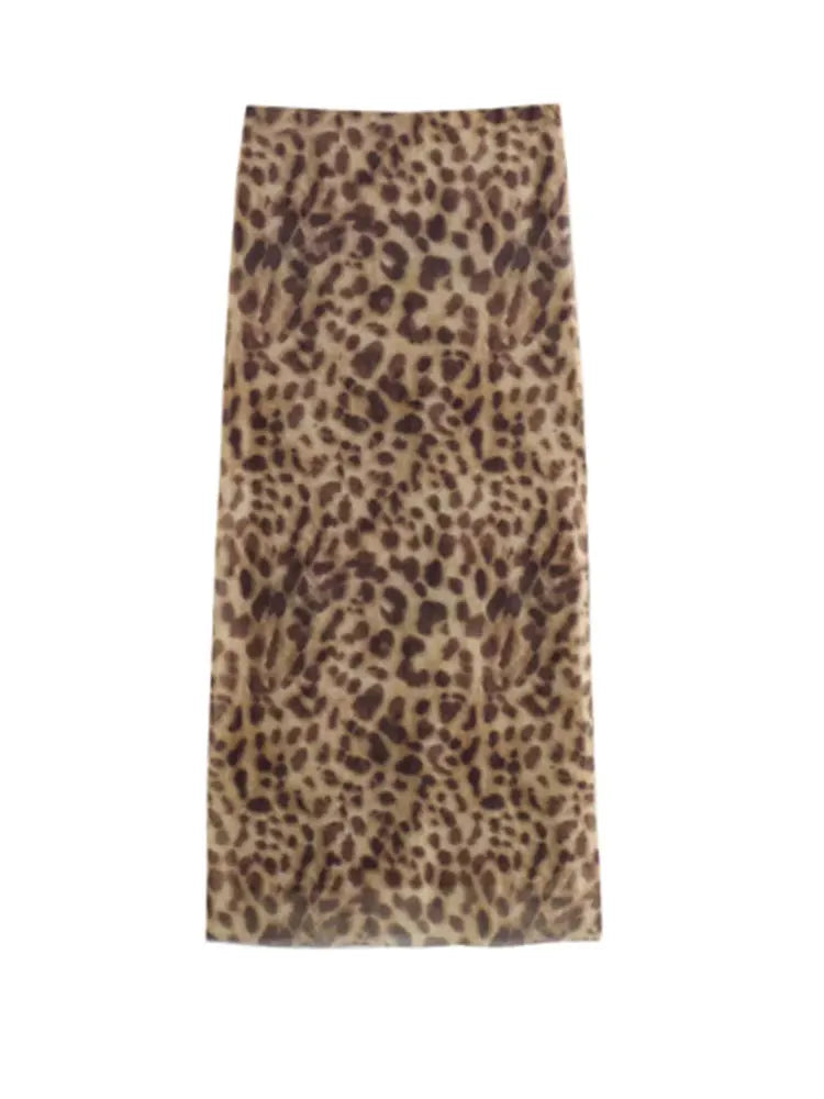 Women Leopard Tulle Midi Skirt 2024 Summer Fashion High Waist Elasticated Waistband Long Skirts Streetwear