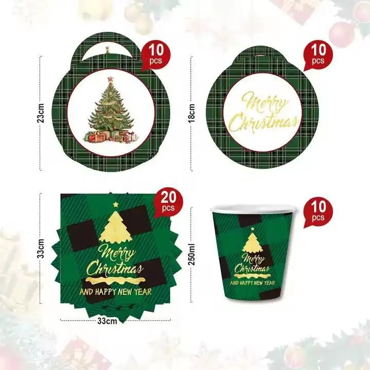 10 Piece Paper Cutlery Set for Christmas Tree Parties in the United States, Including Paper Trays, Paper Cups, Napkins, and Othe