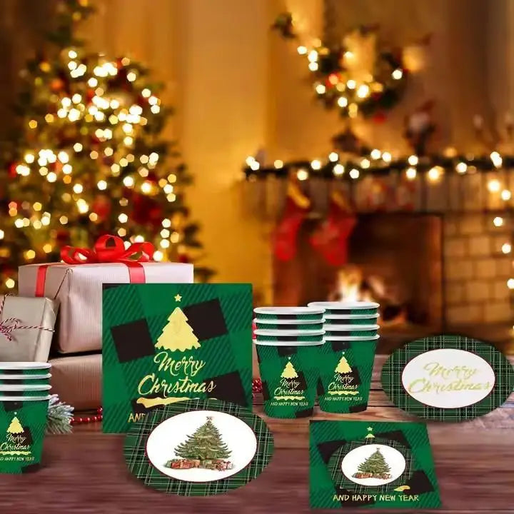 10 Piece Paper Cutlery Set for Christmas Tree Parties in the United States, Including Paper Trays, Paper Cups, Napkins, and Othe