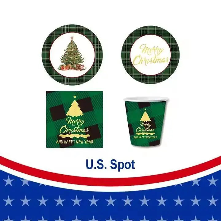 10 Piece Paper Cutlery Set for Christmas Tree Parties in the United States, Including Paper Trays, Paper Cups, Napkins, and Othe