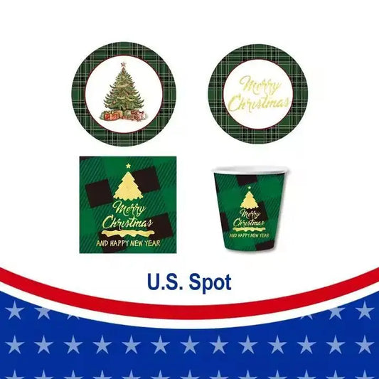 10 Piece Paper Cutlery Set for Christmas Tree Parties in the United States, Including Paper Trays, Paper Cups, Napkins, and Othe