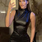 Women Y2K Vintage Pu Simple Basic Tank Top High Waist Skinny Shrunk Slash Cut Sleeveless Tops Versatile Noble Shirts
