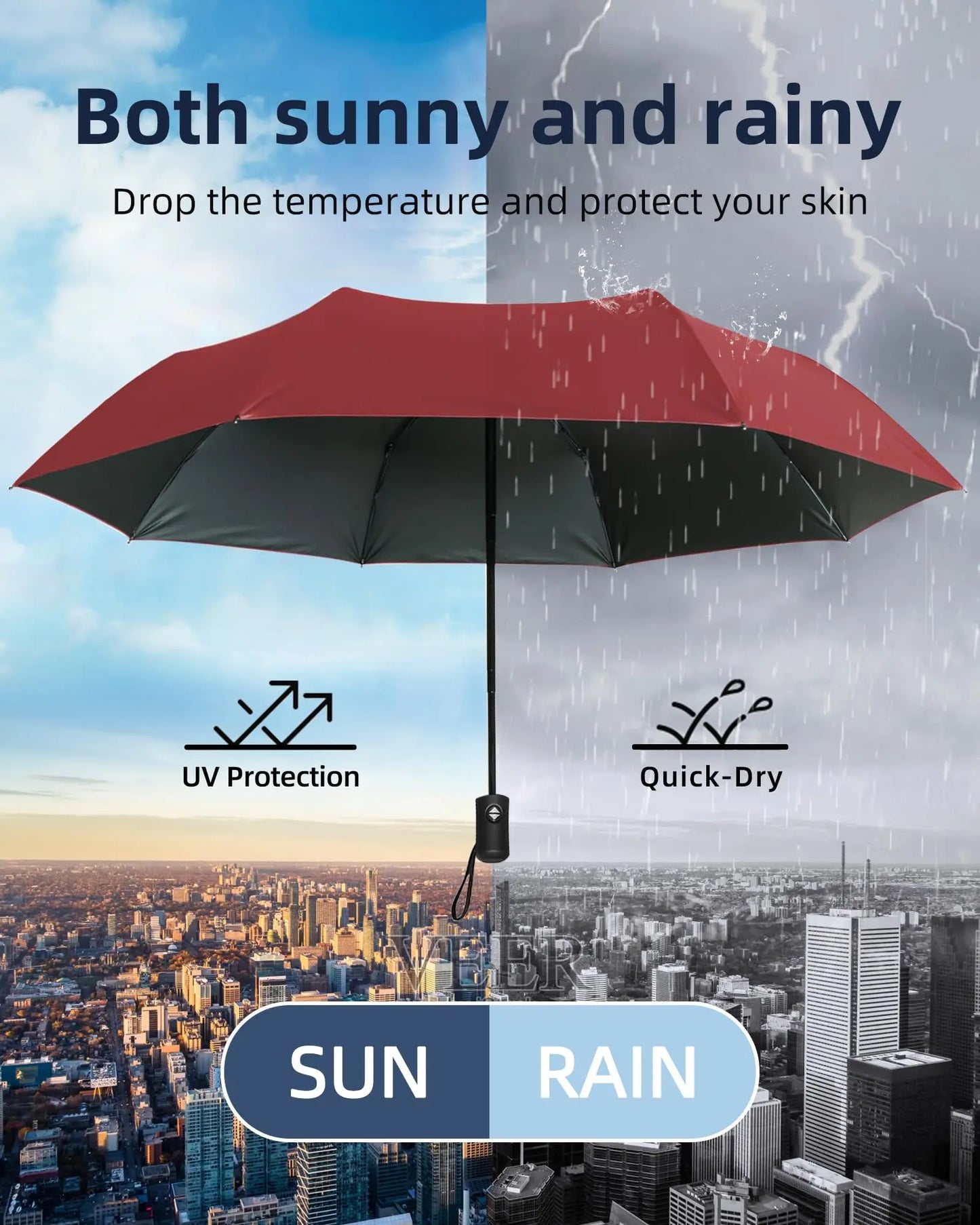 12 Bone Black Glue Fully Automatic Umbrella - Thick Durable Keel Three-Fold UV Resistant Folding Design for Protection And Style