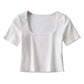 Women Square Neck Rib Crop T-shirt Short Sleeve Crop Top