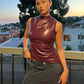 Women Y2K Vintage Pu Simple Basic Tank Top High Waist Skinny Shrunk Slash Cut Sleeveless Tops Versatile Noble Shirts