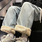 Winter Men's Jeans Korean Fashion Fleece Liner Thick Warm Straight Denim Pants Washed Cotton Retro Blue Wide Leg Jean Trousers