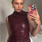 Women Y2K Vintage Pu Simple Basic Tank Top High Waist Skinny Shrunk Slash Cut Sleeveless Tops Versatile Noble Shirts