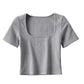 Women Square Neck Rib Crop T-shirt Short Sleeve Crop Top