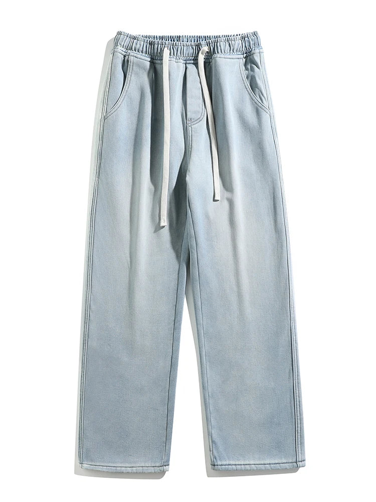 Winter Men's Jeans Korean Fashion Fleece Liner Thick Warm Straight Denim Pants Washed Cotton Retro Blue Wide Leg Jean Trousers