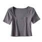 Women Square Neck Rib Crop T-shirt Short Sleeve Crop Top