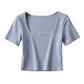 Women Square Neck Rib Crop T-shirt Short Sleeve Crop Top