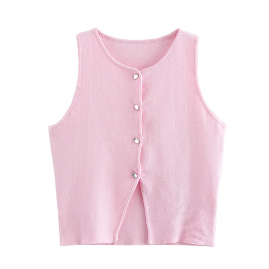TRAF White Knit Crop Top Women Button Short Tops Woman 2024 Summer Tanks Camis Tops for Women Streetwear Vest Tank Top Female