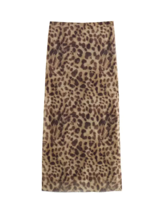 Women Leopard Tulle Midi Skirt 2024 Summer Fashion High Waist Elasticated Waistband Long Skirts Streetwear