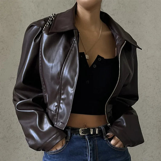 Xeemilo Autumn Faux Leather Short Jacket Y2K Turn-down Collar Fashion Botton Decoration PU Coat 2022 Grunge Street Casual Coats