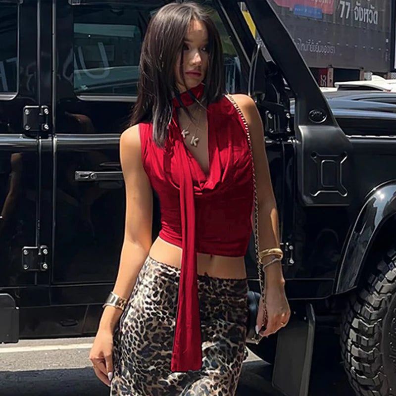 Women's Tank Summer New Sexy Sleeveless Low Chest Top Streetwear Fashion Bandage Casual Slim Female Club Party Versatile Tank