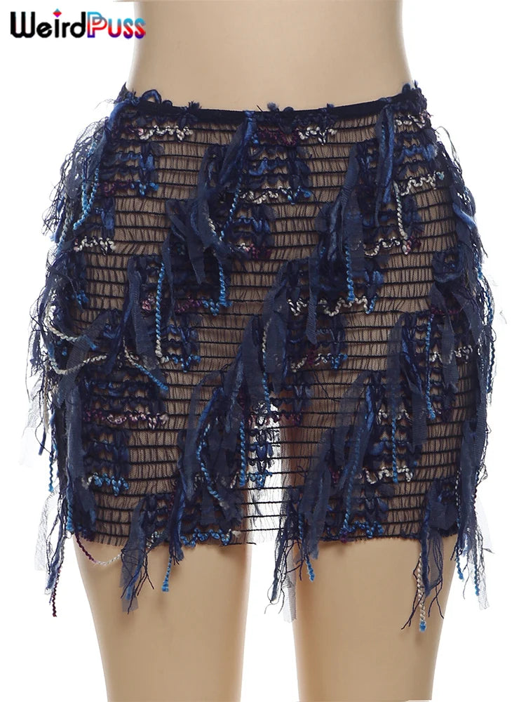 Weird Puss Colorful Tassel Skirts Peach Hip Women Thin Knit Wild Sexy Midnight Summer Trend Stretch Skinny Streetwear Bodycon