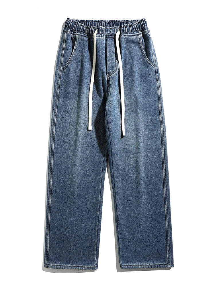 Winter Men's Jeans Korean Fashion Fleece Liner Thick Warm Straight Denim Pants Washed Cotton Retro Blue Wide Leg Jean Trousers
