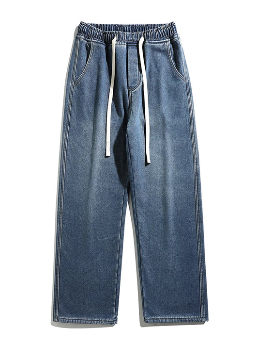 Winter Men's Jeans Korean Fashion Fleece Liner Thick Warm Straight Denim Pants Washed Cotton Retro Blue Wide Leg Jean Trousers
