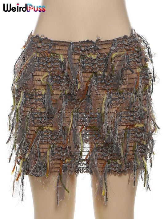 Weird Puss Colorful Tassel Skirts Peach Hip Women Thin Knit Wild Sexy Midnight Summer Trend Stretch Skinny Streetwear Bodycon
