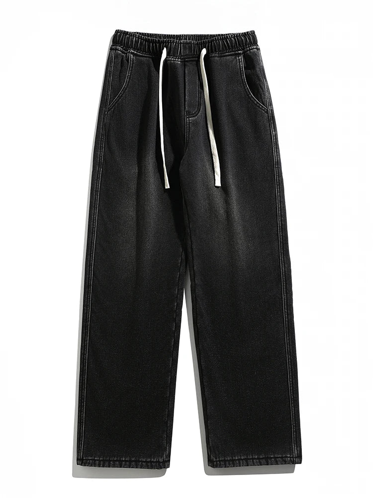 Winter Men's Jeans Korean Fashion Fleece Liner Thick Warm Straight Denim Pants Washed Cotton Retro Blue Wide Leg Jean Trousers